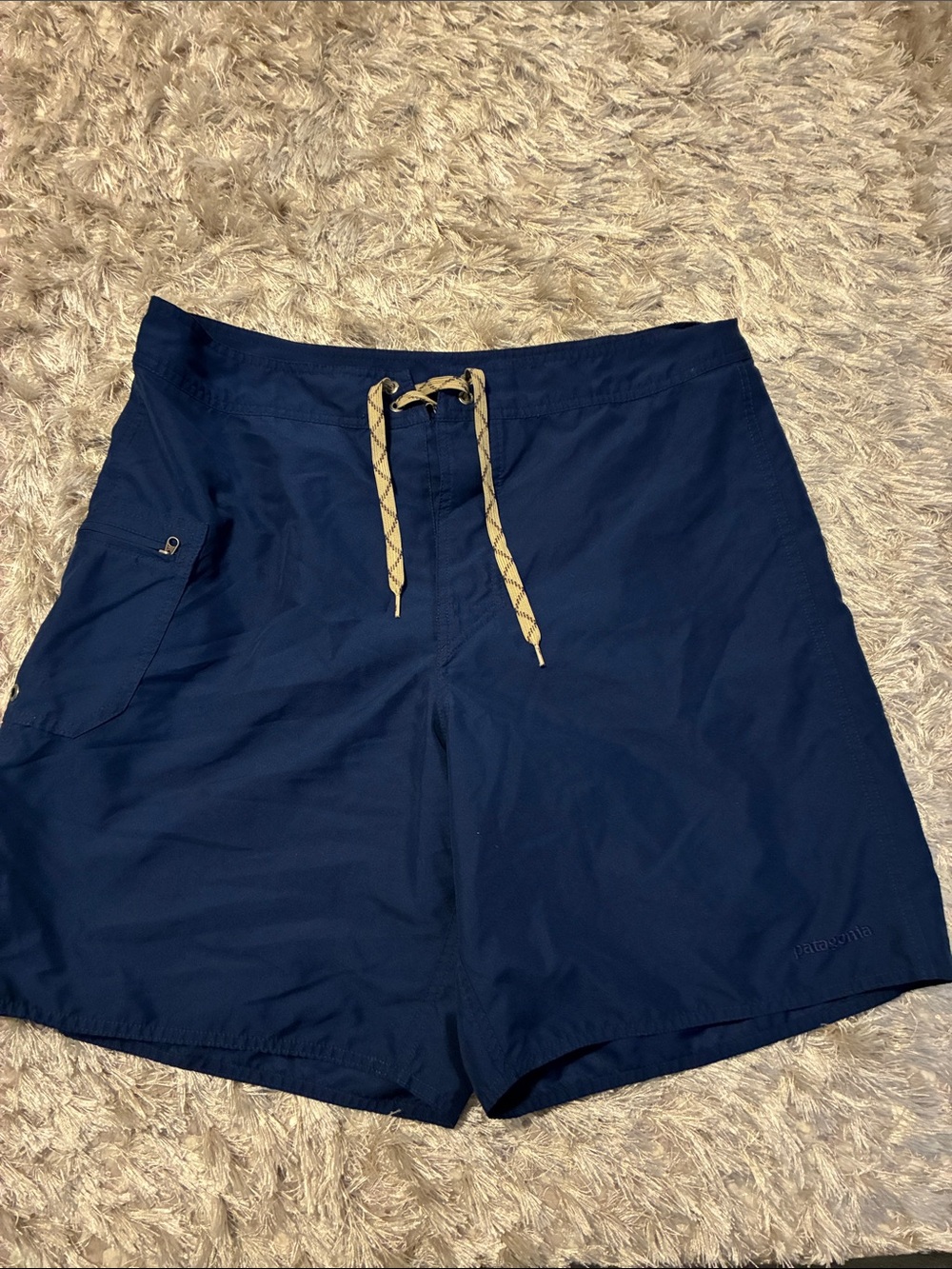 Patagonia Men’s Navy Blue Swim Board Shorts with Tan Drawcord